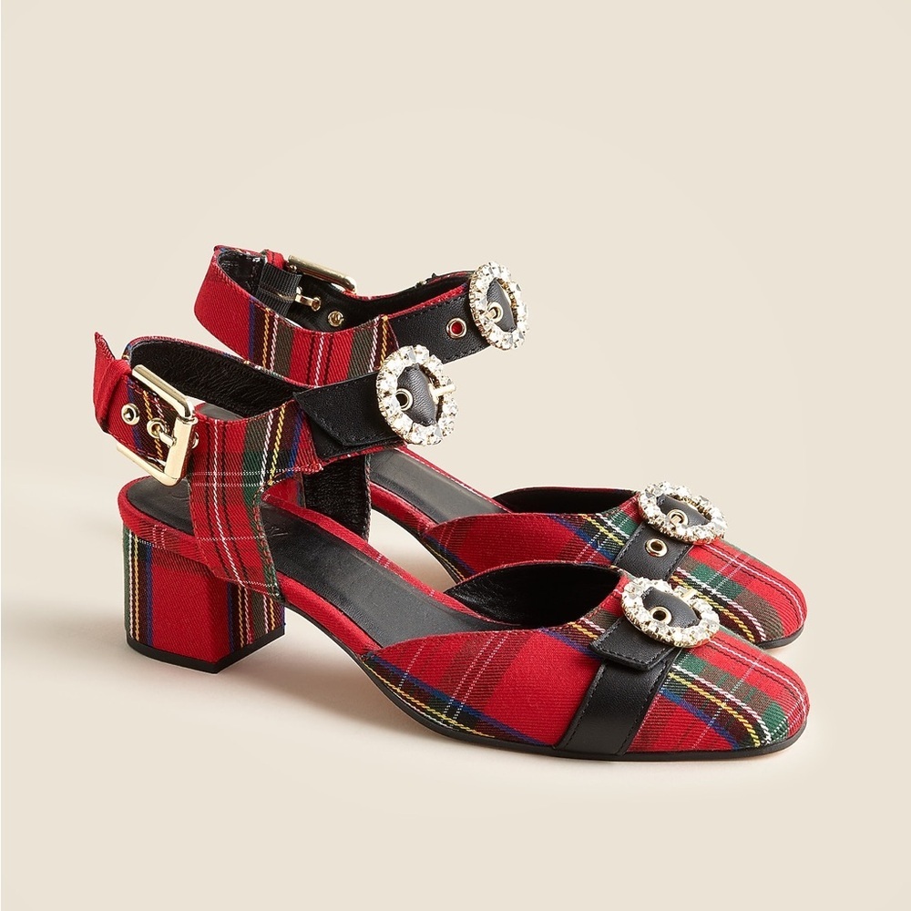 J Crew used Mollie buckle-strap heels in Good Tidings plaid CP077